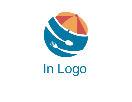 beach umbrella, fork and spoon in a circle logo