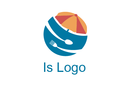 beach umbrella, fork and spoon in a circle logo