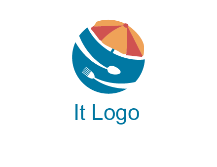 beach umbrella, fork and spoon in a circle logo