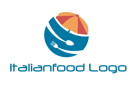 beach umbrella, fork and spoon in a circle logo