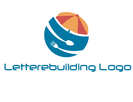 beach umbrella, fork and spoon in a circle logo
