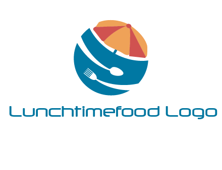 beach umbrella, fork and spoon in a circle logo
