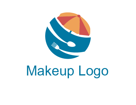 beach umbrella, fork and spoon in a circle logo