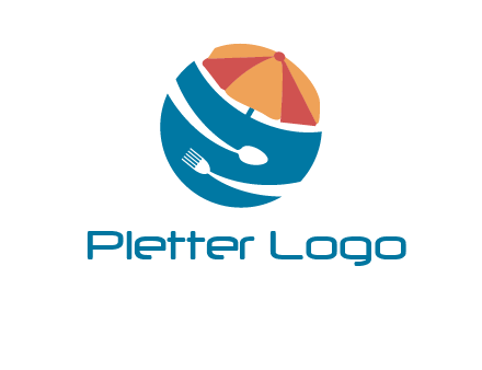 beach umbrella, fork and spoon in a circle logo