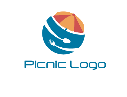 beach umbrella, fork and spoon in a circle logo