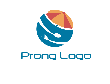 beach umbrella, fork and spoon in a circle logo