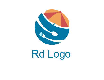 beach umbrella, fork and spoon in a circle logo