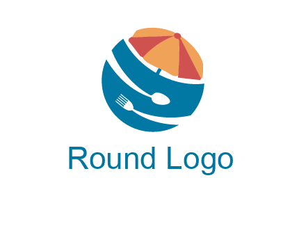 beach umbrella, fork and spoon in a circle logo