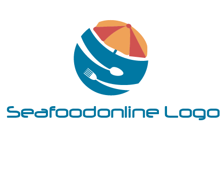 beach umbrella, fork and spoon in a circle logo