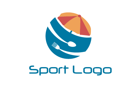 beach umbrella, fork and spoon in a circle logo
