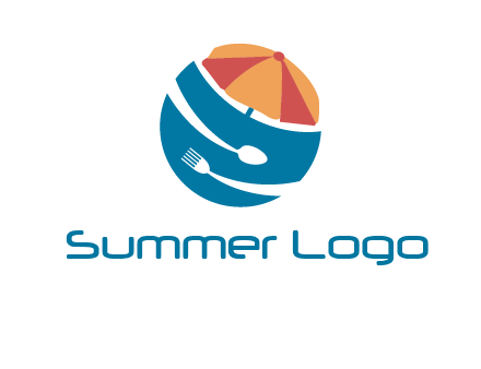 beach umbrella, fork and spoon in a circle logo