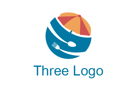 beach umbrella, fork and spoon in a circle logo
