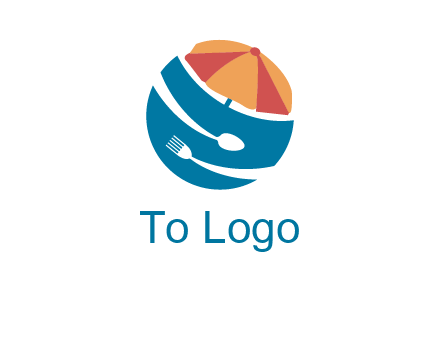 beach umbrella, fork and spoon in a circle logo