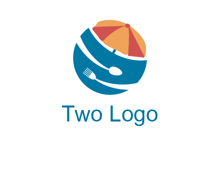 beach umbrella, fork and spoon in a circle logo