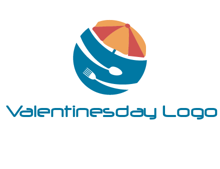beach umbrella, fork and spoon in a circle logo