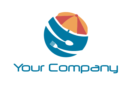 beach umbrella, fork and spoon in a circle logo