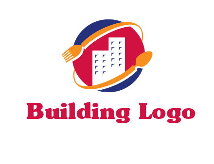 fork spoon and building in circle logo