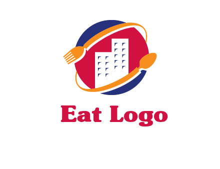 fork spoon and building in circle logo