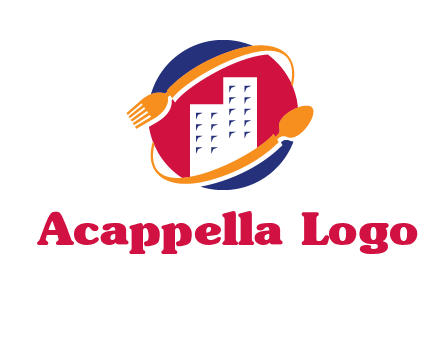 fork spoon and building in circle logo