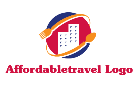fork spoon and building in circle logo