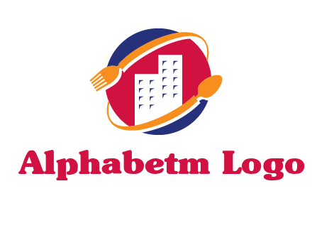 fork spoon and building in circle logo