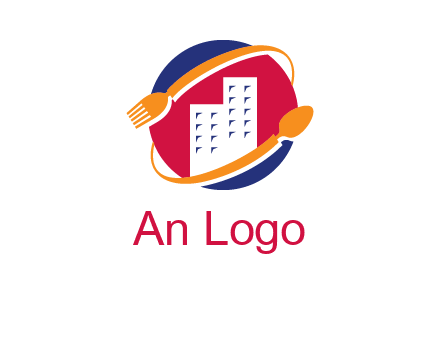 fork spoon and building in circle logo