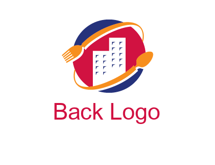 fork spoon and building in circle logo