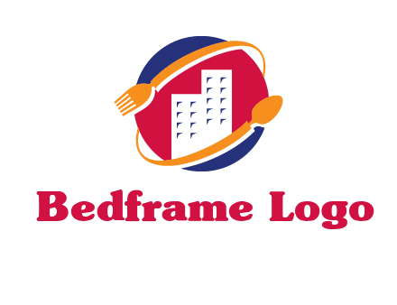 fork spoon and building in circle logo