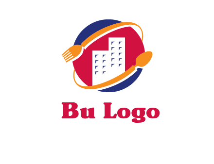 fork spoon and building in circle logo