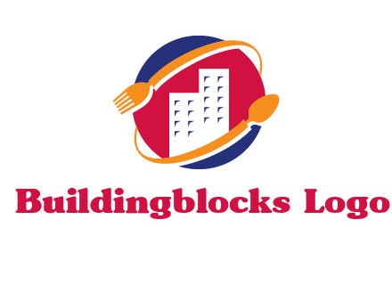 fork spoon and building in circle logo