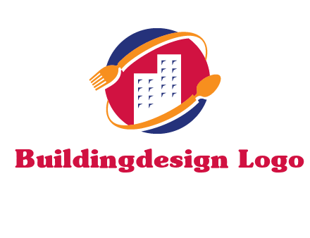 fork spoon and building in circle logo