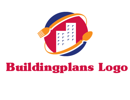 fork spoon and building in circle logo