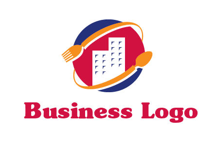 fork spoon and building in circle logo