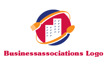 fork spoon and building in circle logo