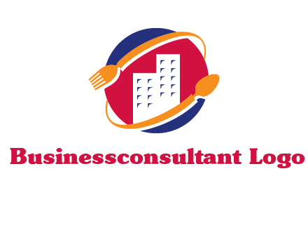 fork spoon and building in circle logo