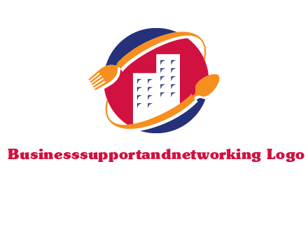 fork spoon and building in circle logo