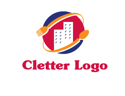 fork spoon and building in circle logo