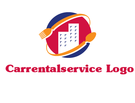 fork spoon and building in circle logo