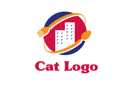 fork spoon and building in circle logo