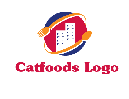 fork spoon and building in circle logo