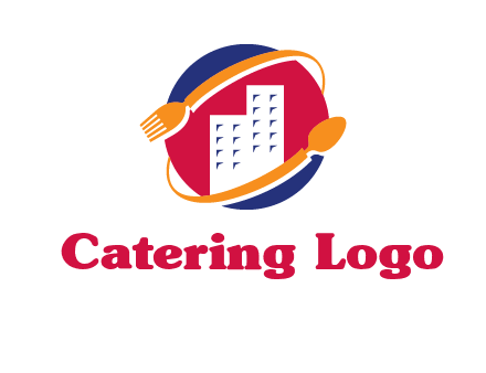 fork spoon and building in circle logo