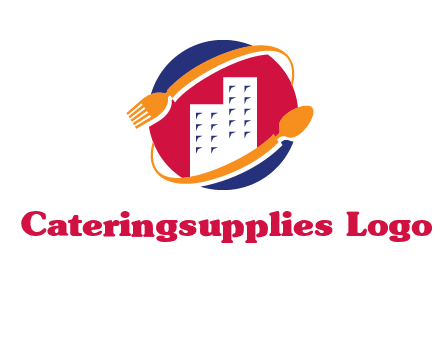 fork spoon and building in circle logo