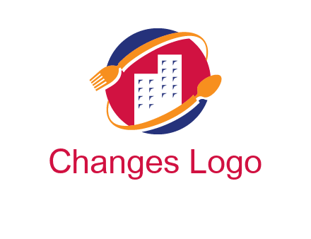 fork spoon and building in circle logo