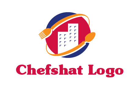 fork spoon and building in circle logo