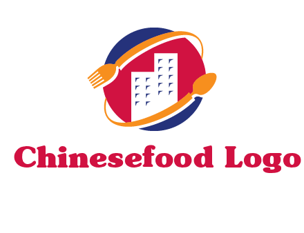 fork spoon and building in circle logo