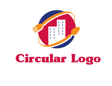 fork spoon and building in circle logo