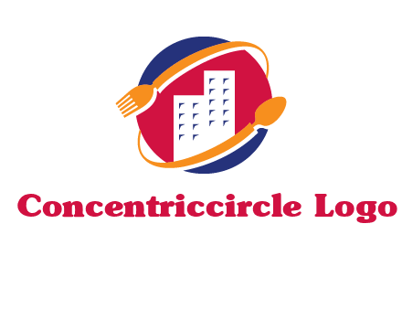 fork spoon and building in circle logo