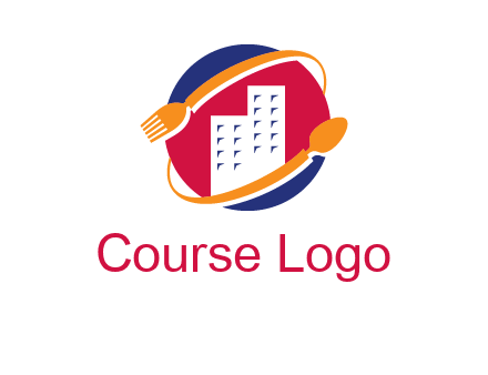 fork spoon and building in circle logo