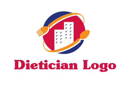 fork spoon and building in circle logo