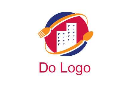 fork spoon and building in circle logo